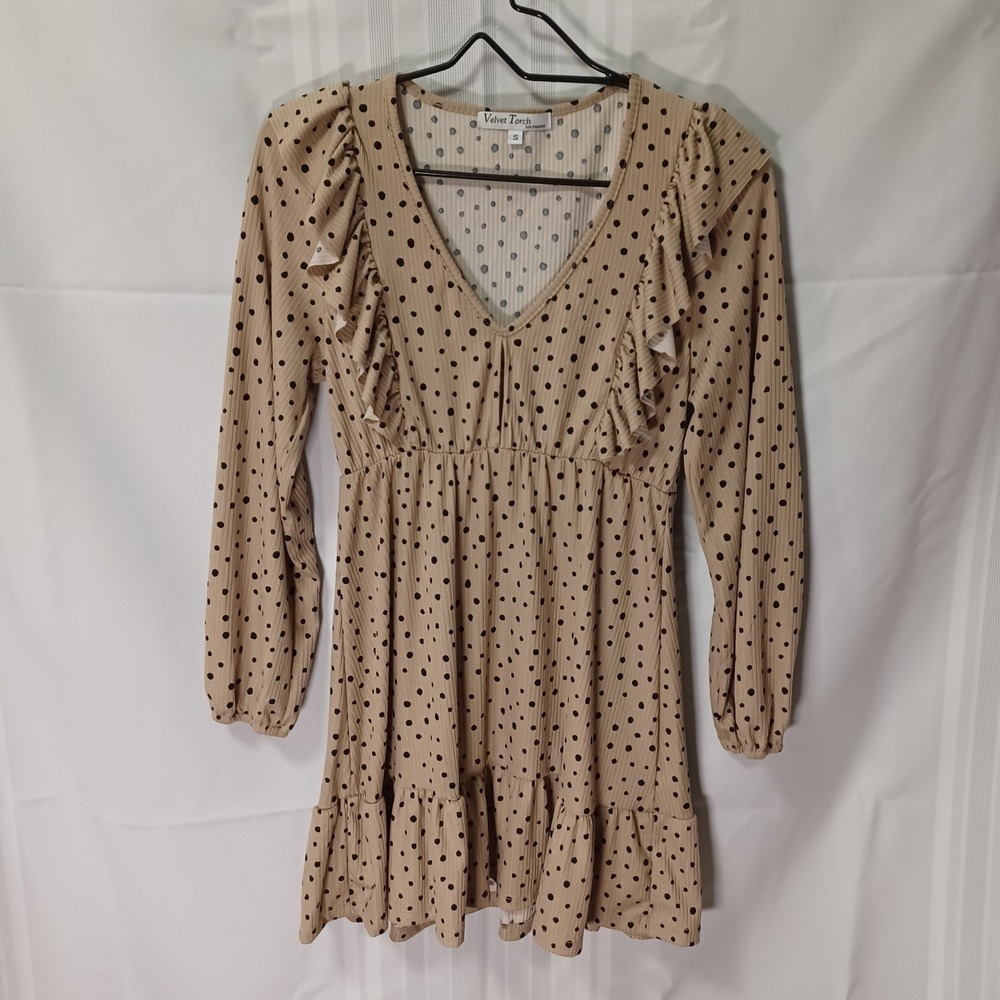 Velvet Torch Dress Womens S Tan Polka Dot Ruffle Keyhole Long Sleeve Mini Ribbed